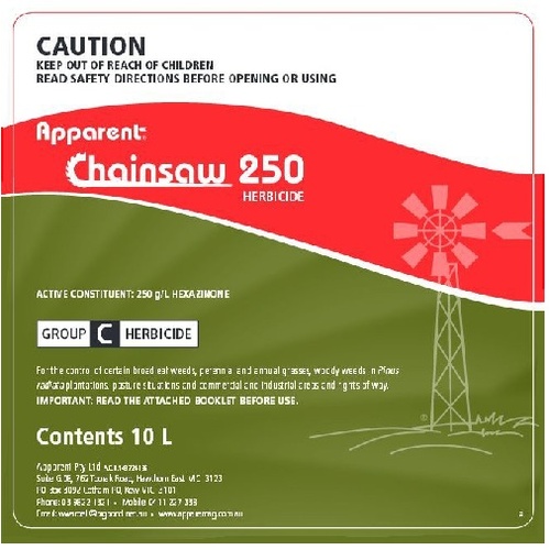 Apparent Chainsaw 250 Soil Residual Herbicide (Hexazinone Equiv Velpar) 10 Litre