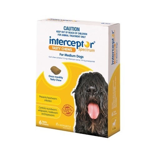 Interceptor Spectrum Chews - Yellow. Med Dogs 11-22kg 6 Pack