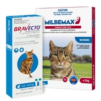 Bravecto blue Spot For Cats 2.8-6.25kg + Milbemax large cat Allwormer x 2 tab Bundle