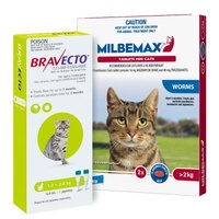 Bravecto Spot On For Small Cats 1.2-2.8kg 0.4ml x 2 Pipettes + Milbemax Large cat Allwormer x 2 RED Tabs (Bundle)