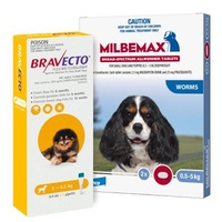 Bravecto Spot On For Very Small  Dogs Yellow 2-4.5kg 0.4ml x 1 Pipette + Milbemax Allwormer Small Dog x 2 SMALL tabs (Bundle)